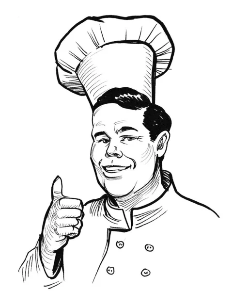 Chef Del Restaurante Mostrando Gran Pulgar Dibujo Blanco Negro Tinta — Foto de Stock