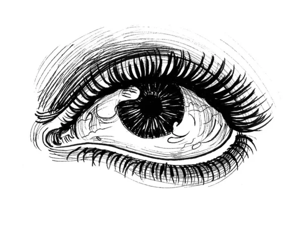 Beautiful Women Eye Ink Black White Drawing — Stock Photo, Image