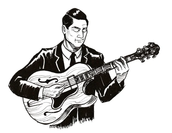 Musician Playing Electric Guitar Ink Black White Drawing — Stock Photo, Image