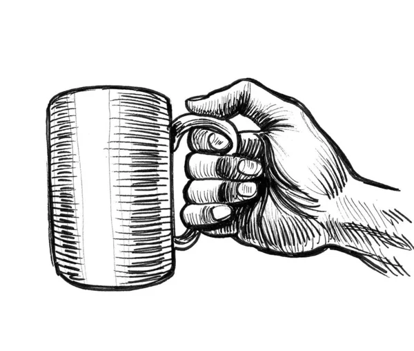 Hand Holding Coffee Mug Ink Black White Drawing — Stock Photo, Image