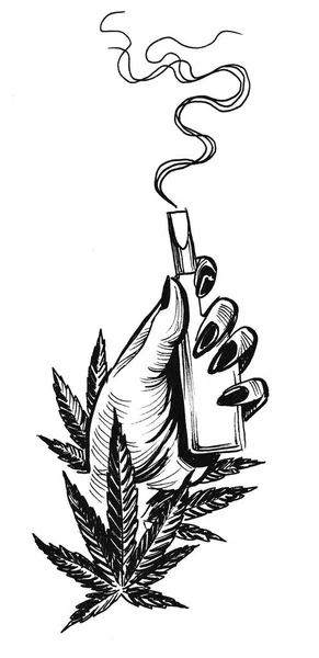 Cannabis Leaves Hand Vaporizer Ink Black White Drawing — Stock Photo, Image