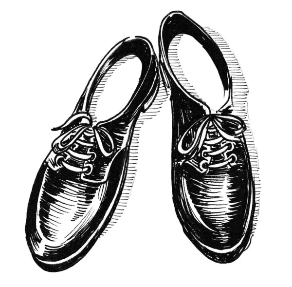 Pair Classic Male Shoes Ink Black White Drawing — Stock Photo, Image