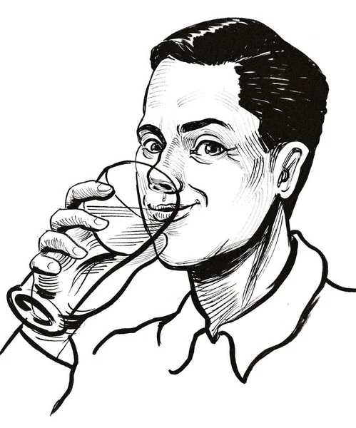 Bir bardak bira içen mutlu adam. Mürekkep siyah beyaz çizim