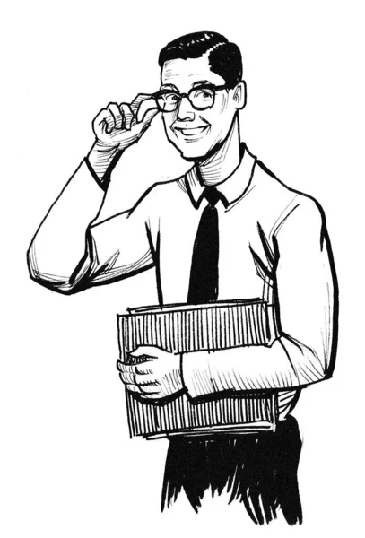 Dosyası olan bir yönetici. Mürekkep siyah beyaz çizim