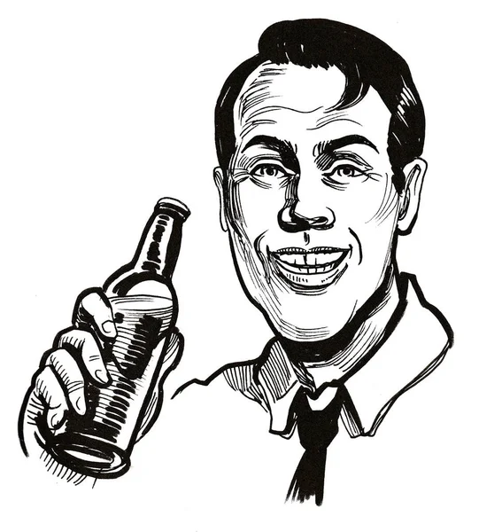 Uomo Felice Con Una Bottiglia Birra Inchiostro Disegno Bianco Nero — Foto Stock