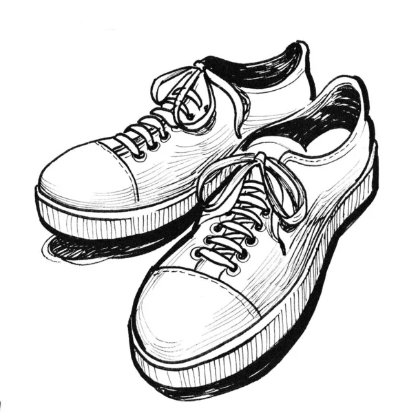 Pair Sport Shoes Ink Black White Drawing — Stock Photo, Image