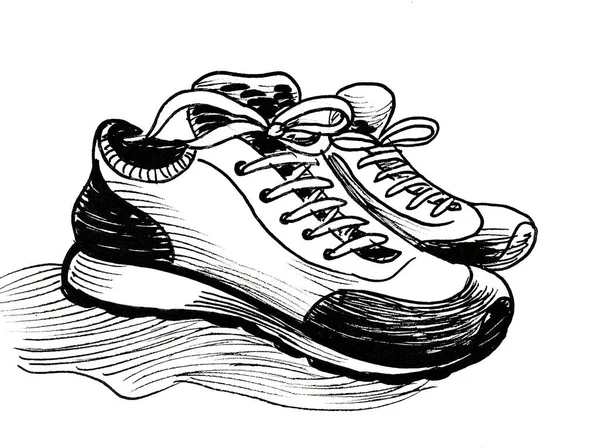 Pair Sport Shoes Ink Black White Drawing — Stock Photo, Image