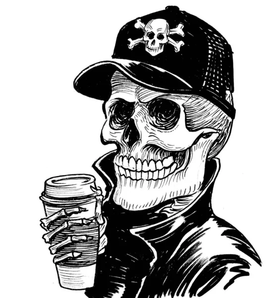 Mänskliga Skelett Dricker Kopp Kaffe Bläck Svart Och Vitt Ritning — Stockfoto