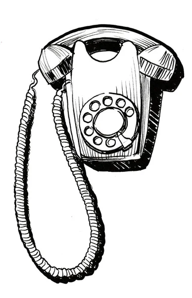 Eski Model Döner Telefon Mürekkep Siyah Beyaz Çizim — Stok fotoğraf