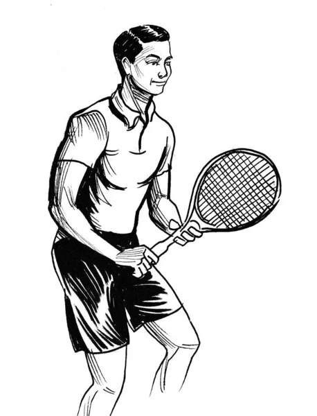 Sportif Jouant Tennis Encre Dessin Noir Blanc — Photo