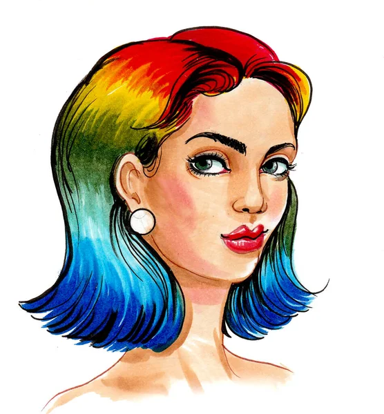 Krásná Žena Duhově Zbarvenými Vlasy Kresba Inkoustem Akvarelem — Stock fotografie