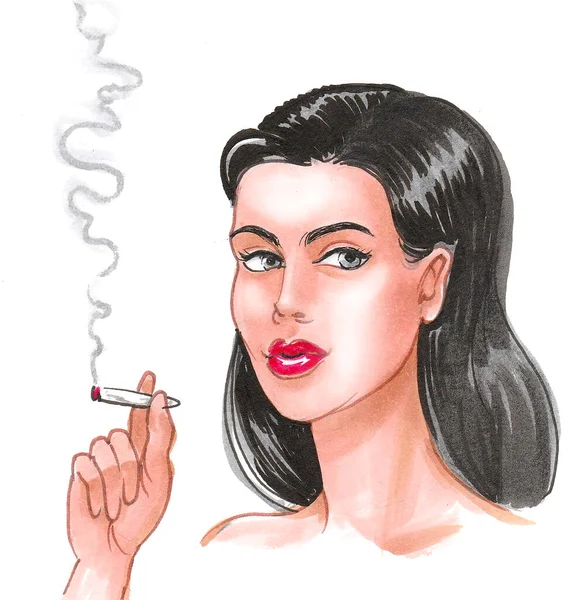 Bella Donna Che Fuma Marijuana Inchiostro Acquerello Disegno — Foto Stock