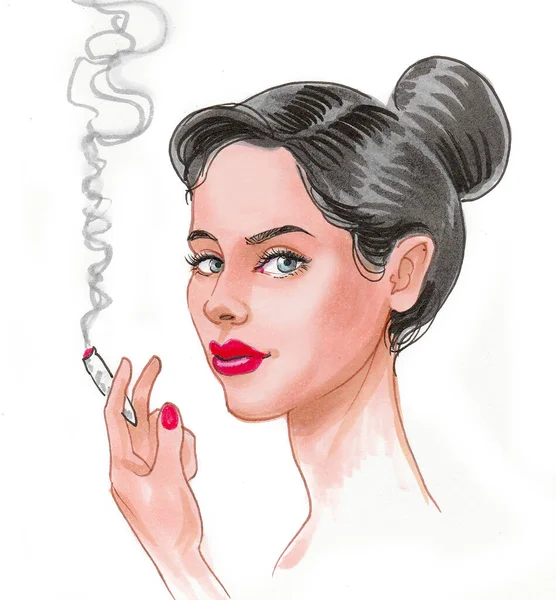 Bella Donna Che Fuma Marijuana Inchiostro Acquerello Disegno — Foto Stock