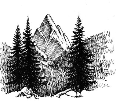 Dağ zirvesi ve orman. Mürekkep siyah beyaz çizim