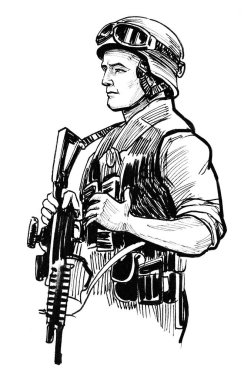 Tüfekli bir asker. Mürekkep siyah beyaz çizim