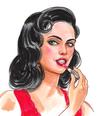 Rujlu güzel bir kadın. Mürekkep ve suluboya çizim