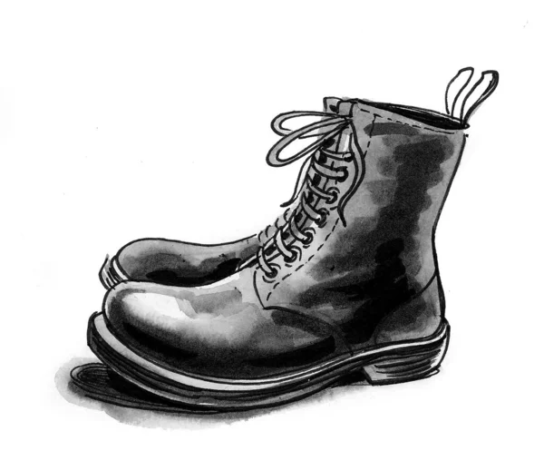 Par Botas Militares Dibujo Tinta Acuarela — Foto de Stock