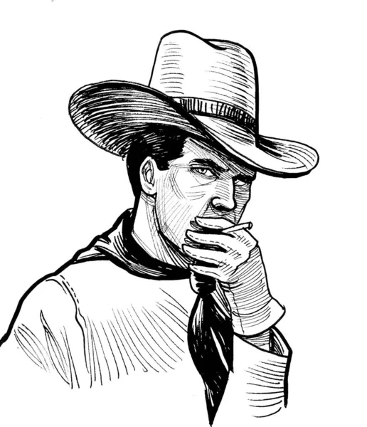 Uma Personagem Cowboy Fumar Cigarro Tinta Preta Bordadura Whit — Fotografia de Stock