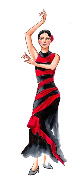 Mooie Flamenco Danser Inkt Aquareltekening — Stockfoto