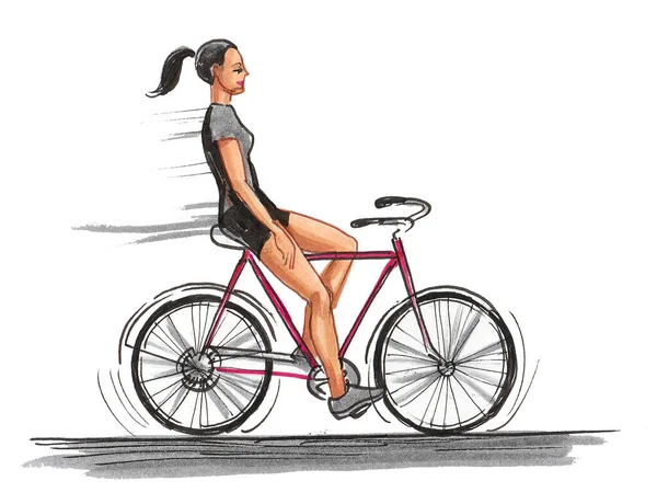 Mooi Meisje Een Sportfiets Inkt Aquareltekening — Stockfoto