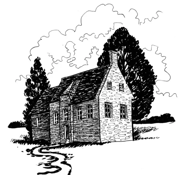 Old House Trees Ink Black White Drawing — Stock Photo, Image