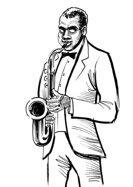 Musicien Jazz Jouant Saxophone Encre Dessin Noir Blanc — Photo