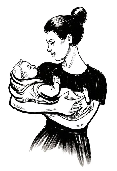 Mother Child Ink Black White Drawing — Stock Photo, Image