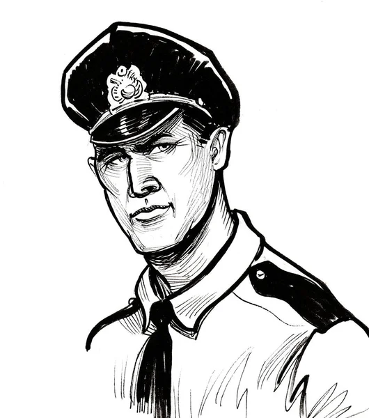 Amerykański Policjant Czarno Biały Rysunek Atramentu — Zdjęcie stockowe