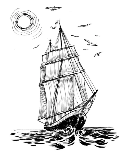Sailing ship and seagulls. Ink black and whit edrawing