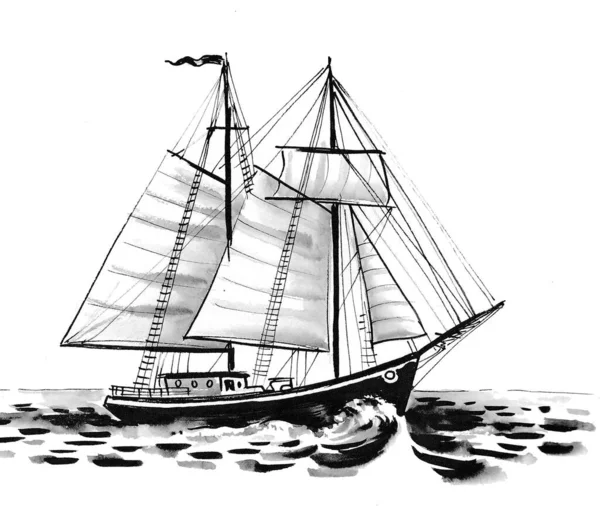 Sailing ship in stormy sea. Ink black and whit edrawing