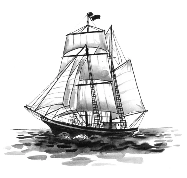 嵐の海で帆船 インク白黒イラスト— ストックイラストレーション