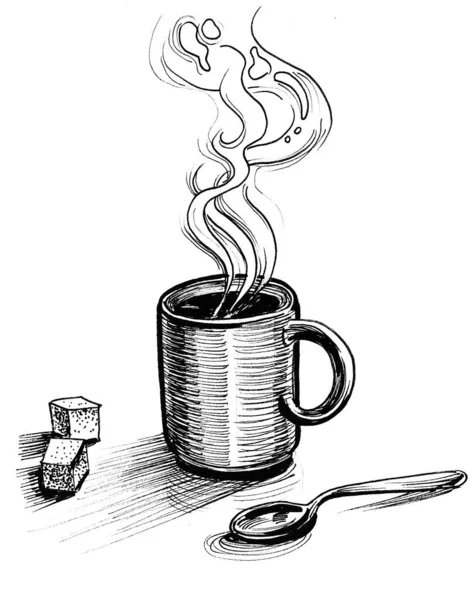 Coffee Mug Sugar Cubes Tea Spoon Ink Black White Drawing — Stock Photo, Image