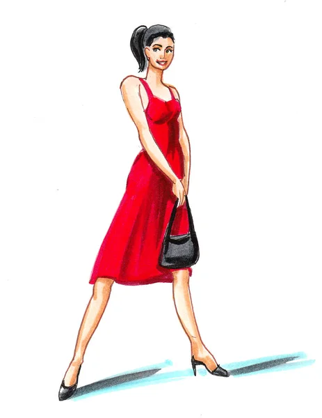 赤いドレスを着た美しい女性 水墨画— ストック