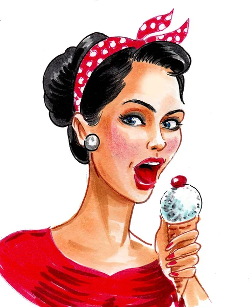 漂亮的女人吃冰淇淋 墨水和水彩画 — 图库照片