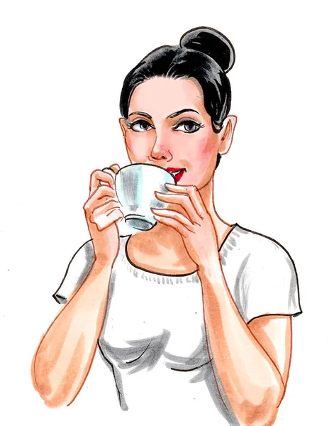 Όμορφη Γυναίκα Πίνει Καφέ Σχέδιο Μελανιού Και Ακουαρέλας — Φωτογραφία Αρχείου
