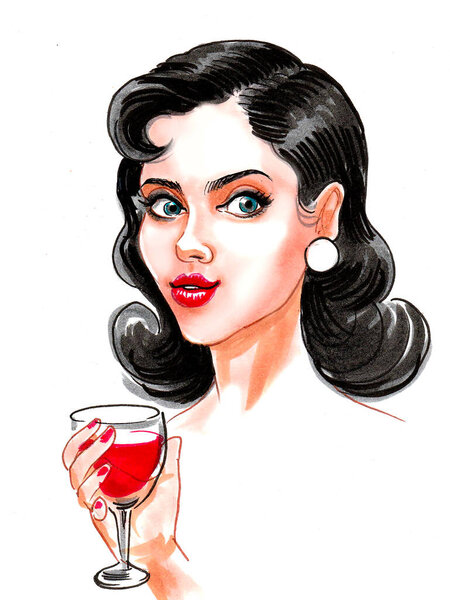 Красивая женщина с бокалом красного вина. Чернила и акварель