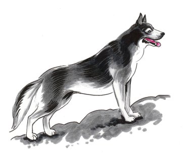 Ayakta duran iri kıyım köpek. Mürekkep ve suluboya çizim