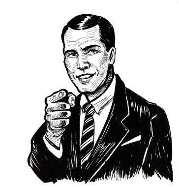 İzleyiciyi gösteren adam. Mürekkep siyah beyaz çizim