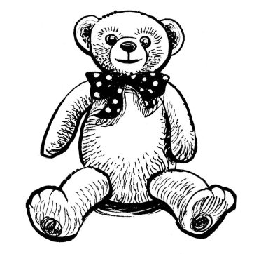 Oyuncak ayı. Mürekkep siyah ve beyaz çizim