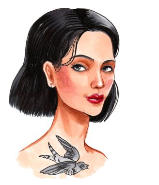Kuş dövmeli güzel bir kadın. Mürekkep ve suluboya çizim
