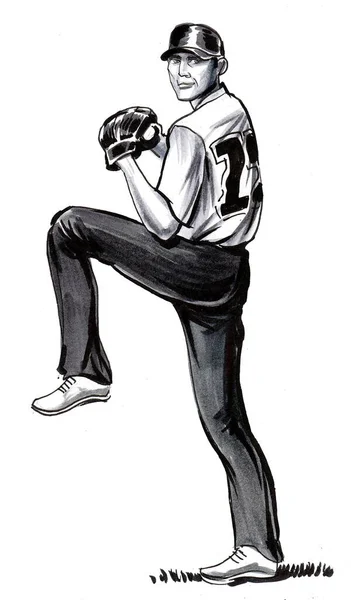 Beyzbol Oyuncusu Topu Fırlatıyor Mürekkep Siyah Beyaz Çizim — Stok fotoğraf