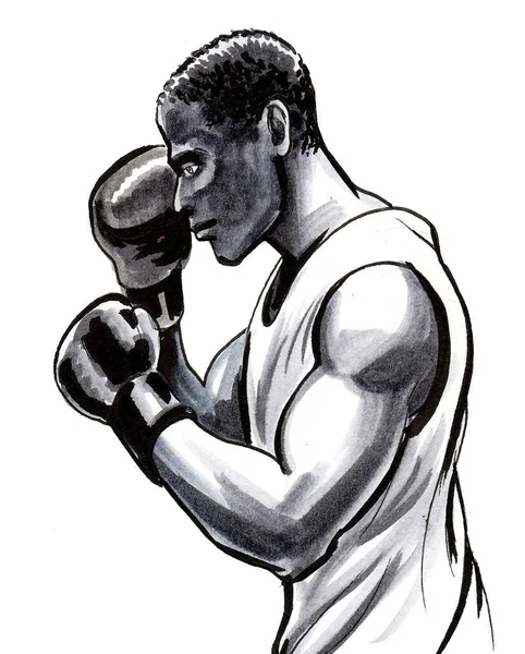 Boxing Sportsman Ink Watercolor Drawing — Stock Photo, Image