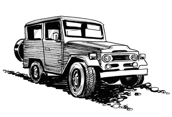 Voiture Tout Terrain Vintage Encre Dessin Noir Blanc — Photo