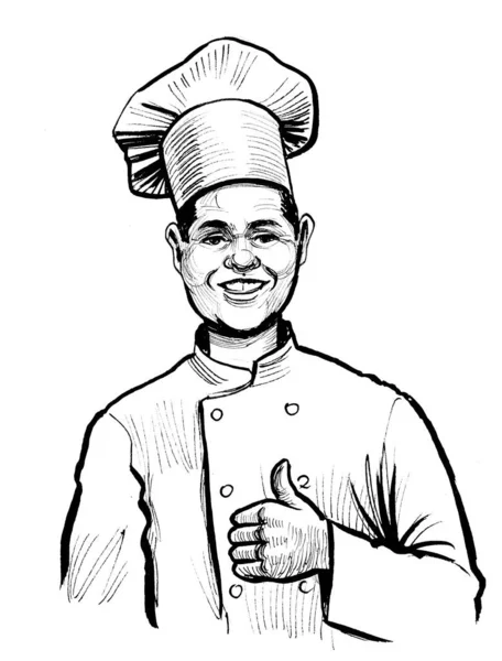 Feliz Chef Mostrando Pulgar Grande Dibujo Blanco Negro Tinta —  Fotos de Stock