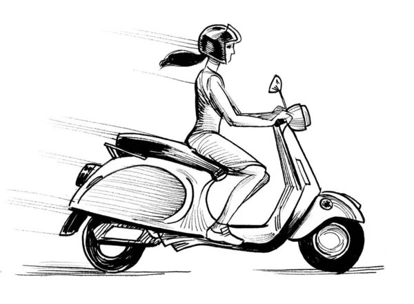 Pretty Girl Riding Scooter Ink Black White Drawing — Stock Photo, Image