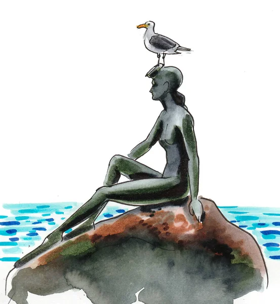 Estátua Bela Nadadora Feminina Parque Vancouver Desenho Tinta Aquarela — Fotografia de Stock