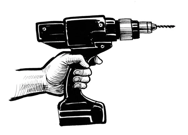 Ręka Elektrycznym Wiertłem Czarno Biały Rysunek Atramentu — Zdjęcie stockowe