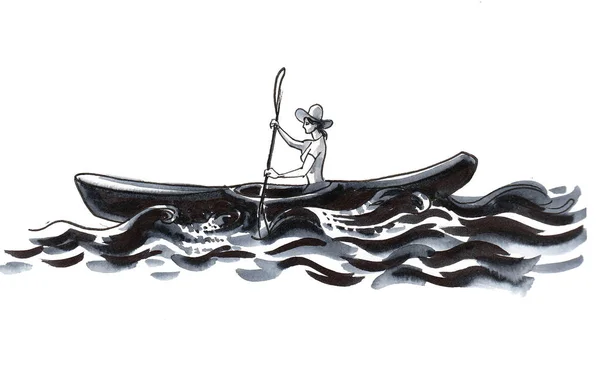 Girl Rowing Canoe Ink Black White Drawing — Stock Photo, Image
