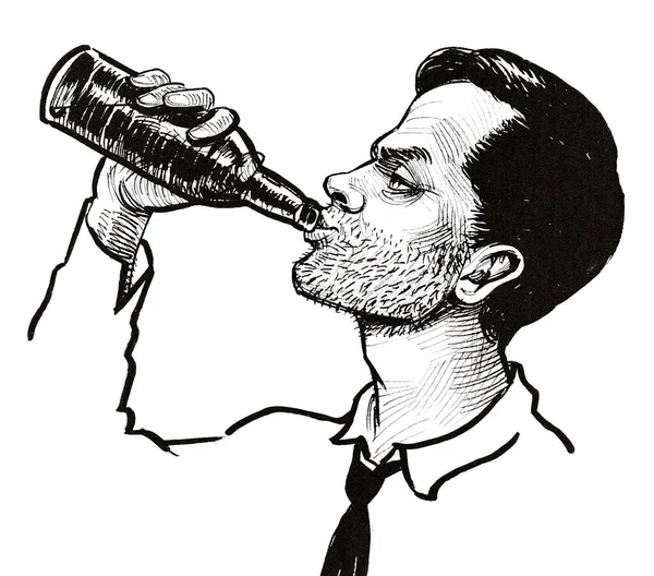 アルコール依存症の男が瓶からビールを飲んでいる 墨と白のドローイング — ストック写真