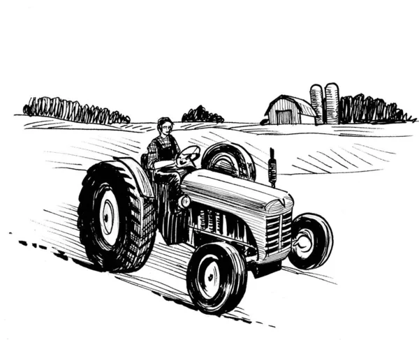 Landwirt Auf Einem Retro Traktor Schwarz Weiße Tuschezeichnung — Stockfoto